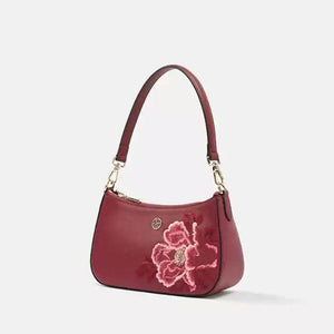 Embroidery Leather Red Shoulder Bag Peony Women's Hobo Handbag - SinoCultural -- P220212-1