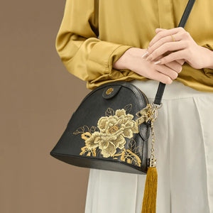 Embroidery Leather Shoulder Bag High Luxury Royal Gold Peony - SinoCultural -- P210079