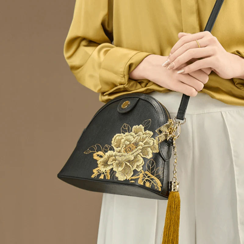 Embroidery Leather Shoulder Bag High Luxury Royal Gold Peony - SinoCultural -- P210079