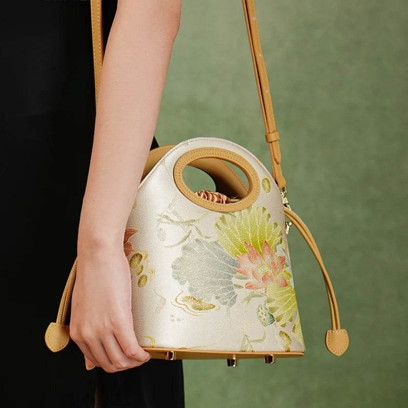 Printed Jacquard Lotus Khaki Drawstring Bucket Bag - SinoCultural -- LD120670-3