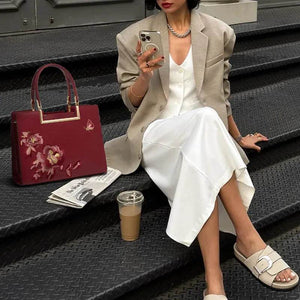 Embroidery Leather Peony Tote Bag Chinese Style Luxury Handbag - SinoCultural -- SC1603-2
