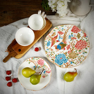 Top view of 12-piece Chinoiserie bone china square plate set with floral & bird design.