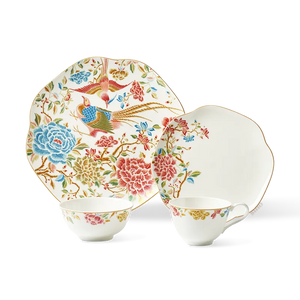 4-piece Chinoiserie bone china set: 11" square plate, 8" square plate, 4.75" bowl, 180ml teacup with floral & bird design.