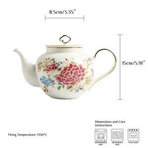 Dimensions of 420ml chinoiserie bone china teapot: 24.5cm (length) x 8.5cm (width) x 15cm (height).