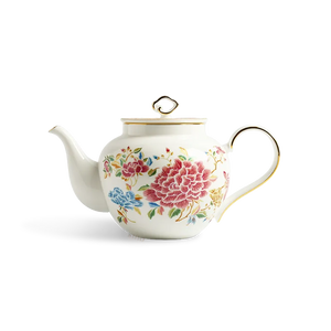 Main image of 420ml chinoiserie bone china teapot with button handle and floral embroidery design.
