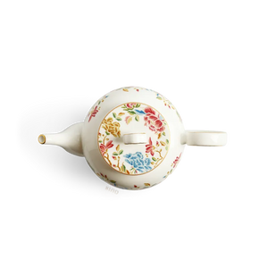 Top view of 420ml chinoiserie bone china teapot showing lid and floral pattern.