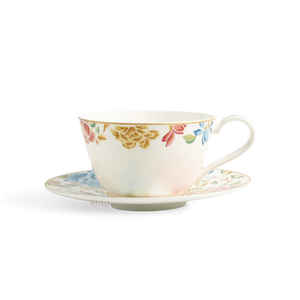 Hand-painted floral bone china tea cup and saucer set.