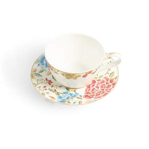 Overhead view of floral tea cup on matching saucer.
