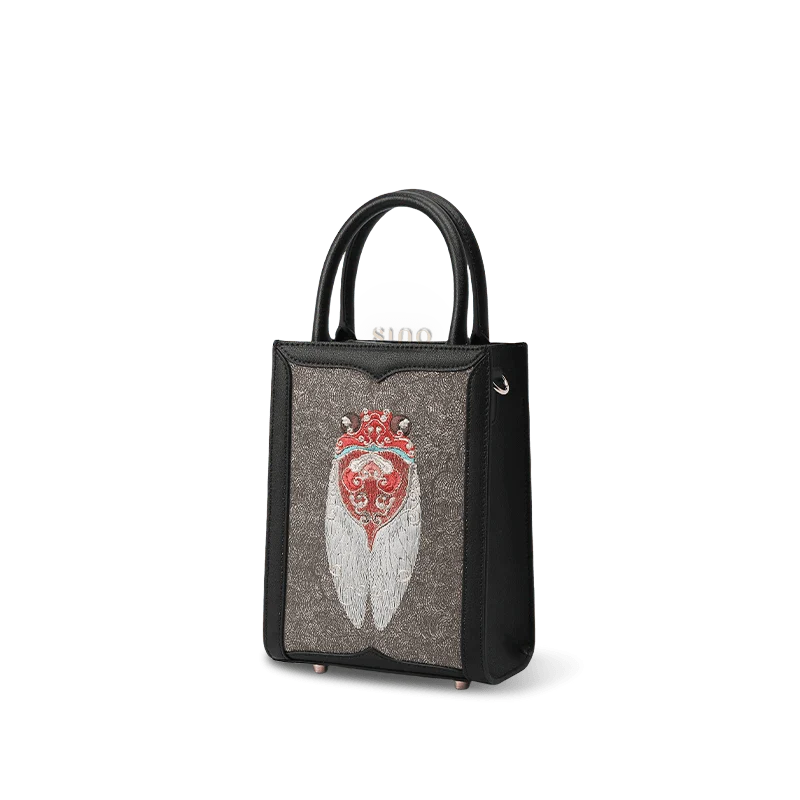Chinoiserie Cicada Pattern Embroidered Leather Tote Bag - SinoCultural -- M120778-1