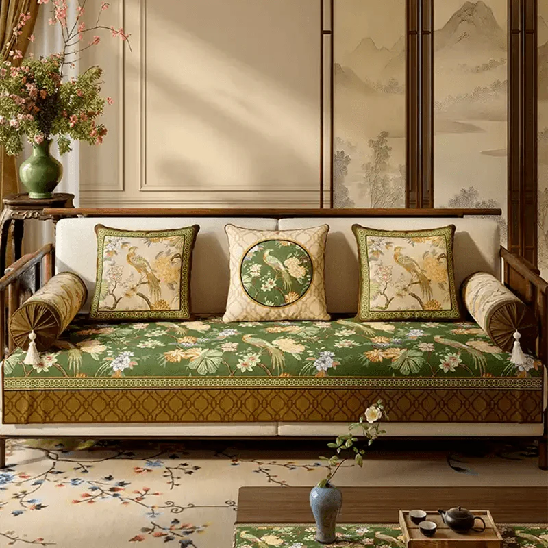 Chinoiserie Vintage Emerald Mountain Bird Floral Hydrangea Sofa Slipcover - SinoCultural -- SOC005A9090