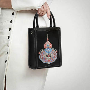 Chinoiserie Gourd Blessings Embroidered Leather Tote bag - SinoCultural -- M120778-2