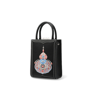 Chinoiserie Gourd Blessings Embroidered Leather Tote bag - SinoCultural -- M120778-2