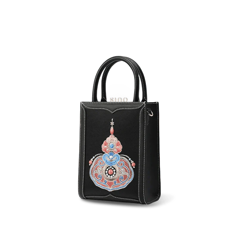 Chinoiserie Gourd Blessings Embroidered Leather Tote bag - SinoCultural -- M120778-2