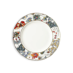 8.75-inch luxury bone china scalloped dinner plate with butterfly and floral design - front view.
