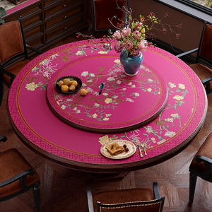 Chinoiserie luxury pink retro floral bird round table mat, full color.