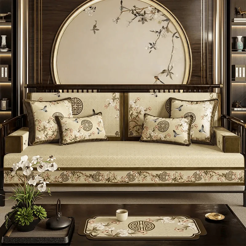 Chinoiserie Magnolia & Longevity Pattern Sofa Slipcover - SinoCultural -- S0C003A9090