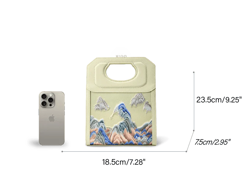 Chinoiserie Mountains Painting Hand Embroidered Leather Handle Bag - SinoCultural -- SX120779