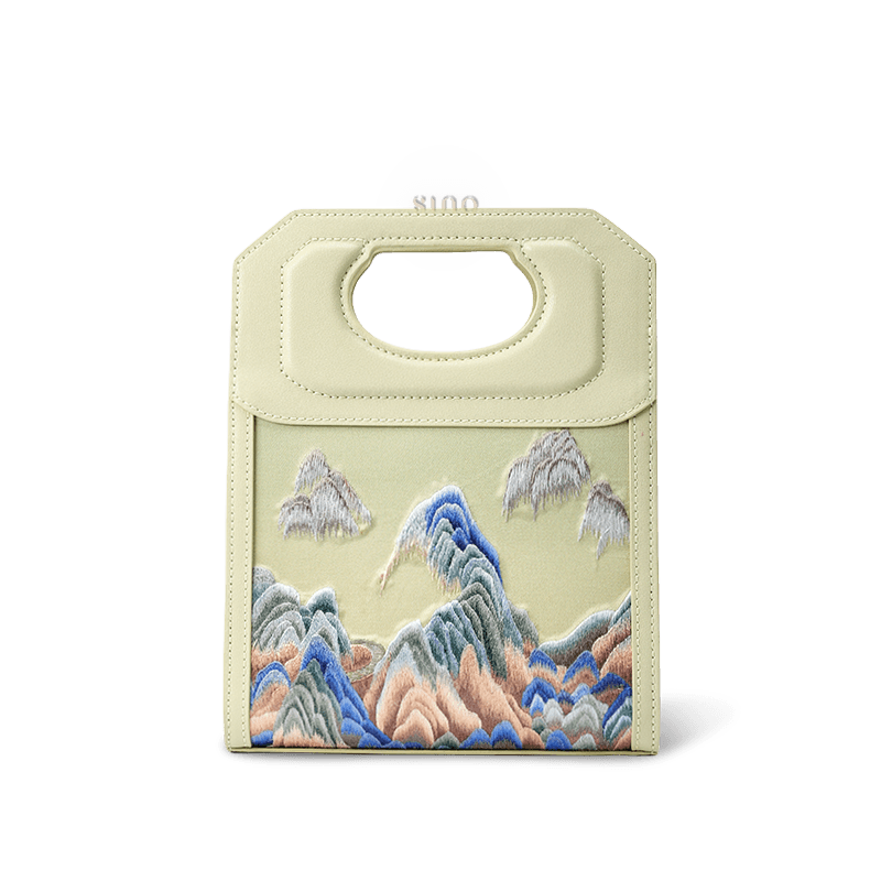 Chinoiserie Mountains Painting Hand Embroidered Leather Handle Bag - SinoCultural -- SX120779
