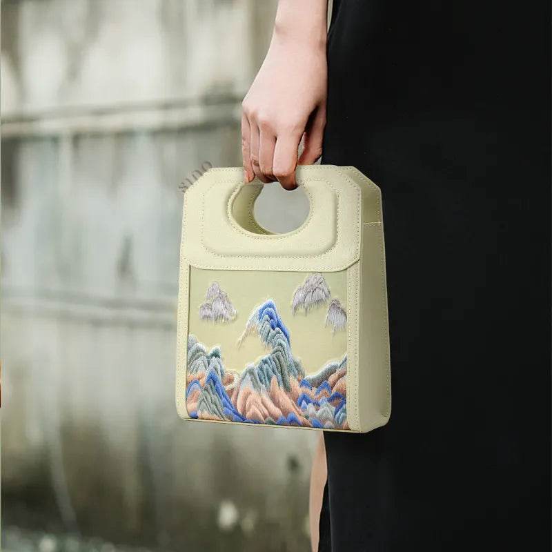 Chinoiserie Mountains Painting Hand Embroidered Leather Handle Bag - SinoCultural -- SX120779