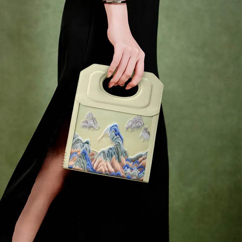 Chinoiserie Mountains Painting Hand Embroidered Leather Handle Bag - SinoCultural -- SX120779