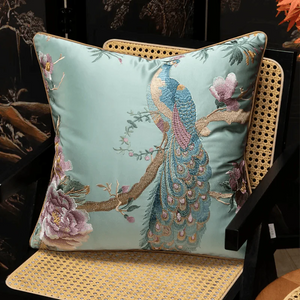 Chinoiserie Peony and Peacock Embroidered Throw Pillow for Sofa Bed Decor - SinoCultural -- SJZBZ083B45A