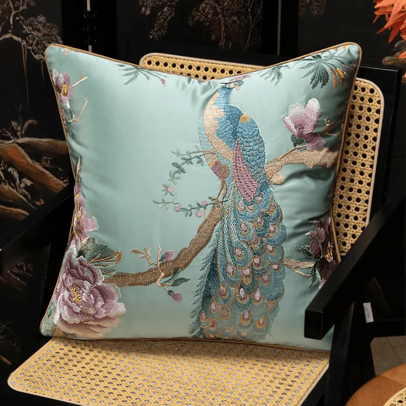 Chinoiserie Peony and Peacock Embroidered Throw Pillow for Sofa Bed Decor - SinoCultural -- SJZBZ083B45A