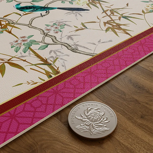 2 mm thick chinoiserie table mat compared to coin.