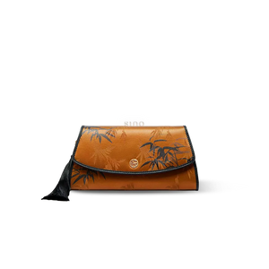 Brown Chinoiserie Vintage Bamboo Print Mulberry Silk Clutch - Front View.