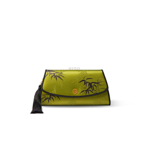 Vintage Green Chinoiserie Bamboo Print Mulberry Silk Clutch - Front View.
