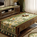 Green vintage Chinoiserie songbird and peony tablecloth.