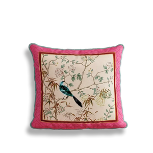 Chinoiserie window lattice birds blossoms square pillow.