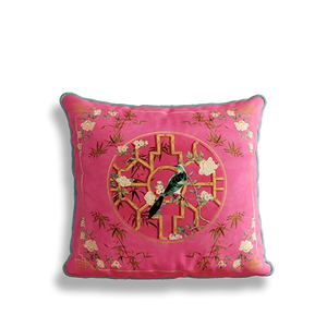 Style C chinoiserie window lattice birds blossoms square pillow.
