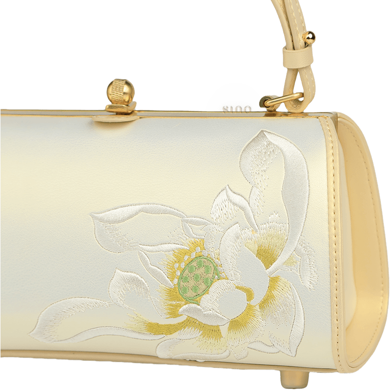 Embroidery Leather White Shoulder Bag Lotus Elegant Handbag - SinoCultural -- P120312