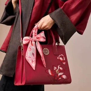 Embroidery Leather White Commuting Handbag Orchid with Scarf - SinoCultural -- P120437-1