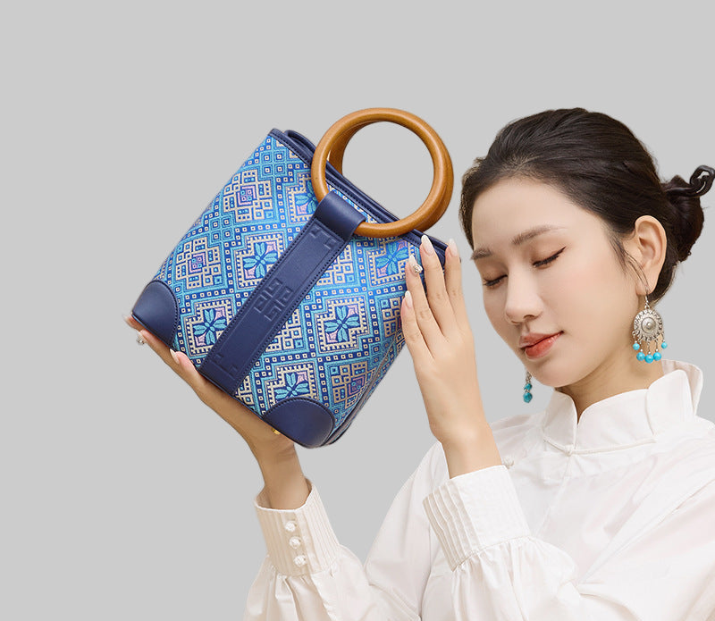 Tan Xiangguang Zhuang Brocade Round Bag New Chinese Style Deep Blue Bucket Bag