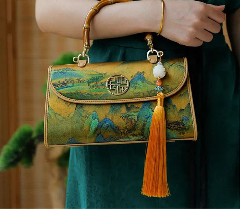 Xiangyun Silk Bag New Chinese Style Genuine Leather Retro Handbag