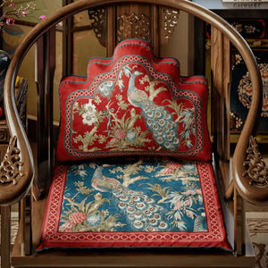 Chinoiserie Festive Red Peacock Luxe Lumbar Pillow - SinoCultural -- WP050A01