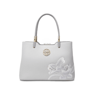 Embroidery Leather Grey Tote Bag Azalea Women Handbag - SinoCultural -- P120321