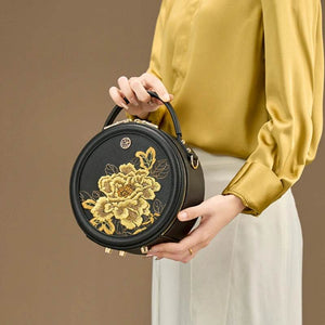 Embroidery Leather Round Handbag High Luxury Royal Gold Peony - SinoCultural -- P110171