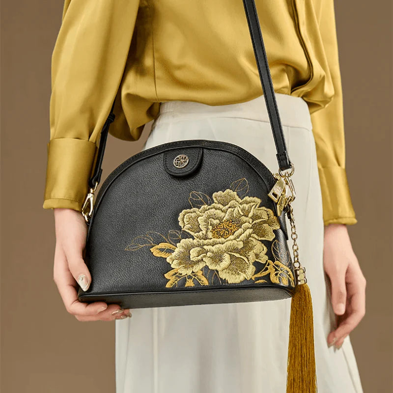 Embroidery Leather Shoulder Bag High Luxury Royal Gold Peony - SinoCultural -- P210079
