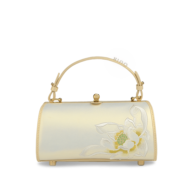 Embroidery Leather White Shoulder Bag Lotus Elegant Handbag - SinoCultural -- P120312