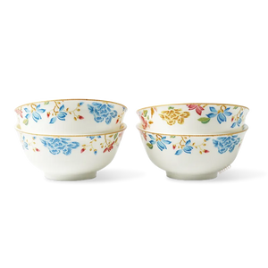 Two stacks of chinoiserie bowls side-by-side, set of four arrangements.