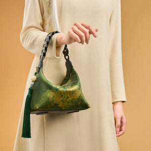 Xiangyunsha Silk Dark Green Mulberry Silk Shoulder Bag - SinoCultural -- P170083-2