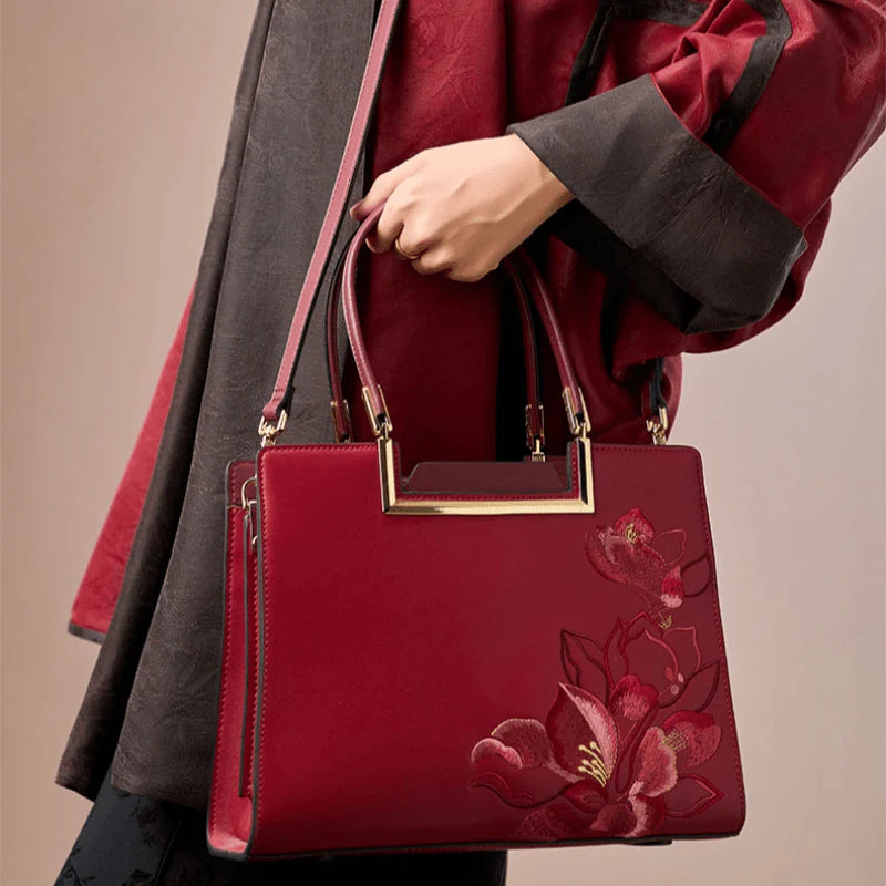 Sinocultural Embroidery Leather Red Tote Bag Magnolia Women's Handbag - SinoCultural -- P120346-1