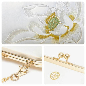 Embroidery Leather Kiss Lock Clutch Bag Lotus Evening Handbag - SinoCultural -- P220251