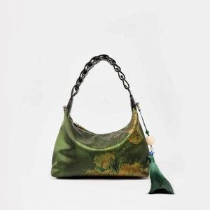 Xiangyunsha Silk Dark Green Mulberry Silk Shoulder Bag - SinoCultural -- P170083-2