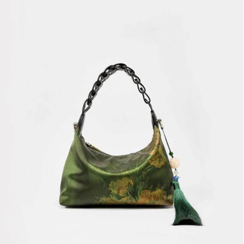 Xiangyunsha Silk Dark Green Mulberry Silk Shoulder Bag - SinoCultural -- P170083-2