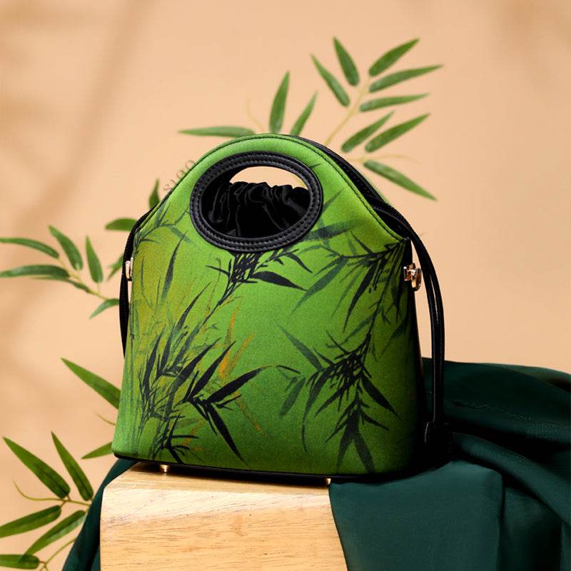 Xiangyunsha Silk Bamboo Green Drawstring Bucket Bag - SinoCultural -- YS120670-2