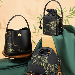 Xiangyunsha Silk Black Bamboo Print Mini Cube Bucket Bag - SinoCultural -- LD170613