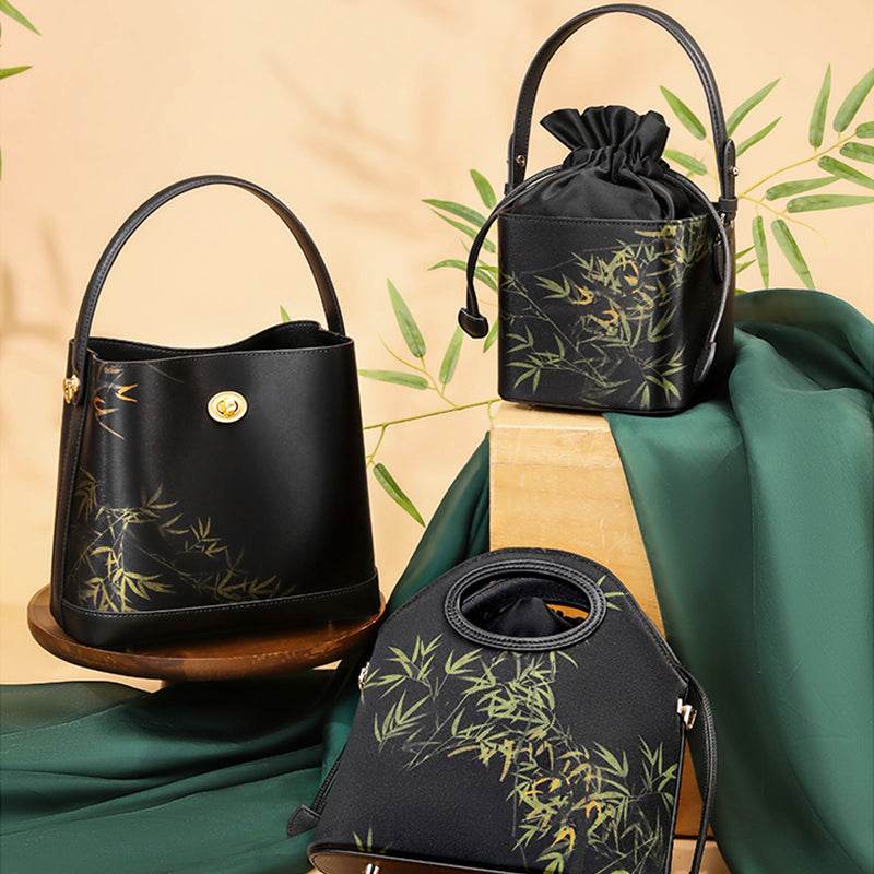 Xiangyunsha Silk Black Bamboo Print Mini Cube Bucket Bag - SinoCultural -- LD170613